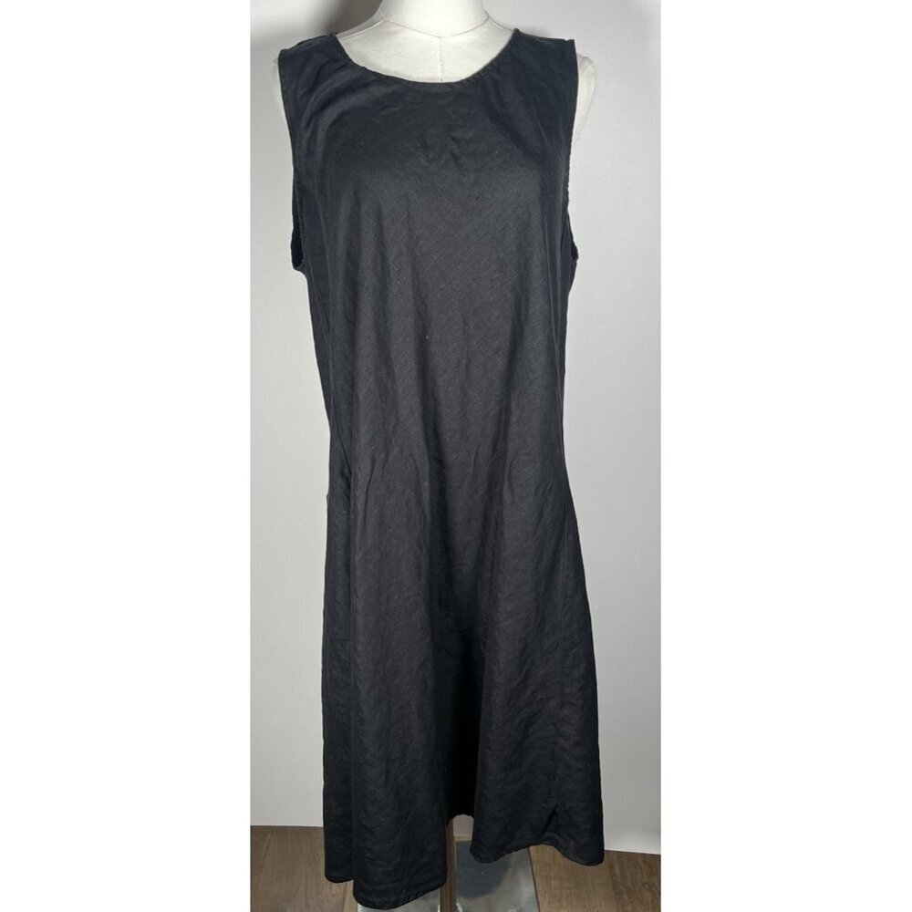 Magaschoni black sleeveless linen midi swing a-line lagenlook dress XL classic